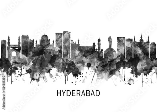Obraz na płótnie Hyderabad Telangana Skyline BW, cityscape landscape watercolor painting print abstract splash illustration art modern urban poster artwork landmarks skyscrapers w salonie