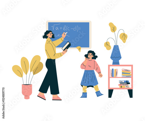 Girl Schoolkid Character at Chalkboard with Teacher in Class Vector Illustration