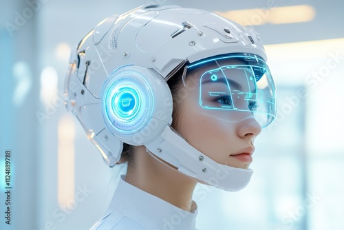 Futuristic woman wearing advanced technology helmet in high-tech environment photo