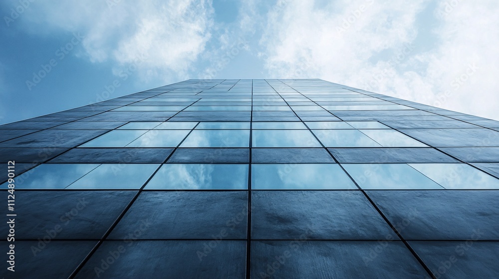 Modern glass skyscraper reflecting cloudy sky: low angle view Modern glass skyscraper reflecting cloudy sky: low angle view