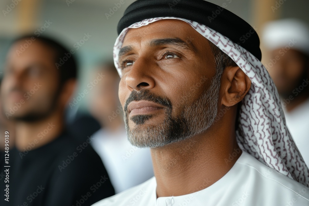 Emirati man observing an event with focus and contemplation in a public setting Emirati man observing an event with focus and contemplation in a public setting