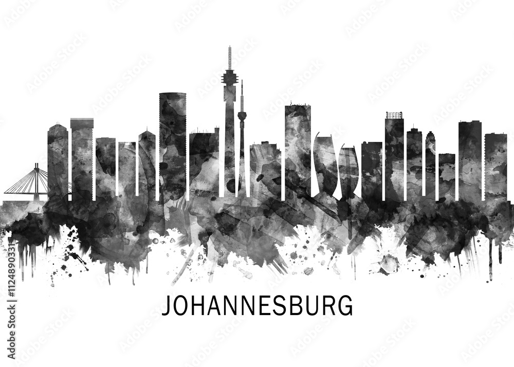 Fototapeta premium Johannesburg South Africa Skyline BW, cityscape landscape watercolor painting print abstract splash illustration art modern urban poster artwork landmarks skyscrapers