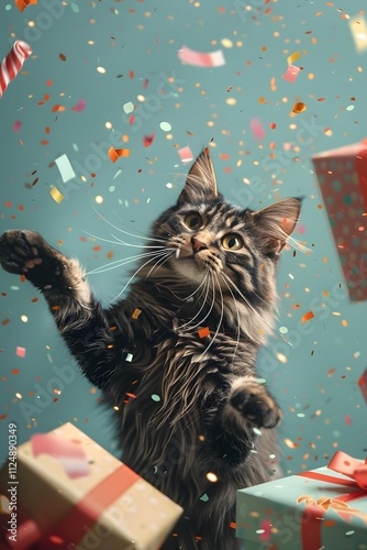 Whiskers and Joy: A Domestic Cat's Birthday Party with Presents and Cheer photo