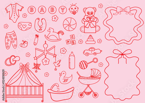 Collection Whimsical coquette outline hand drawn set of newborn boy, girl and kid's supplies.Monochrome line art .