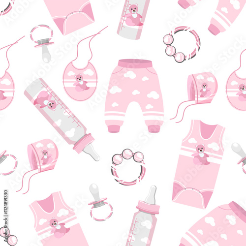 Seamless pattern accessories for a newborn baby girl nipple,clothes,bottle,rattle in pink tones on a white background.Vector pattern for textiles, wallpapers, postcards.