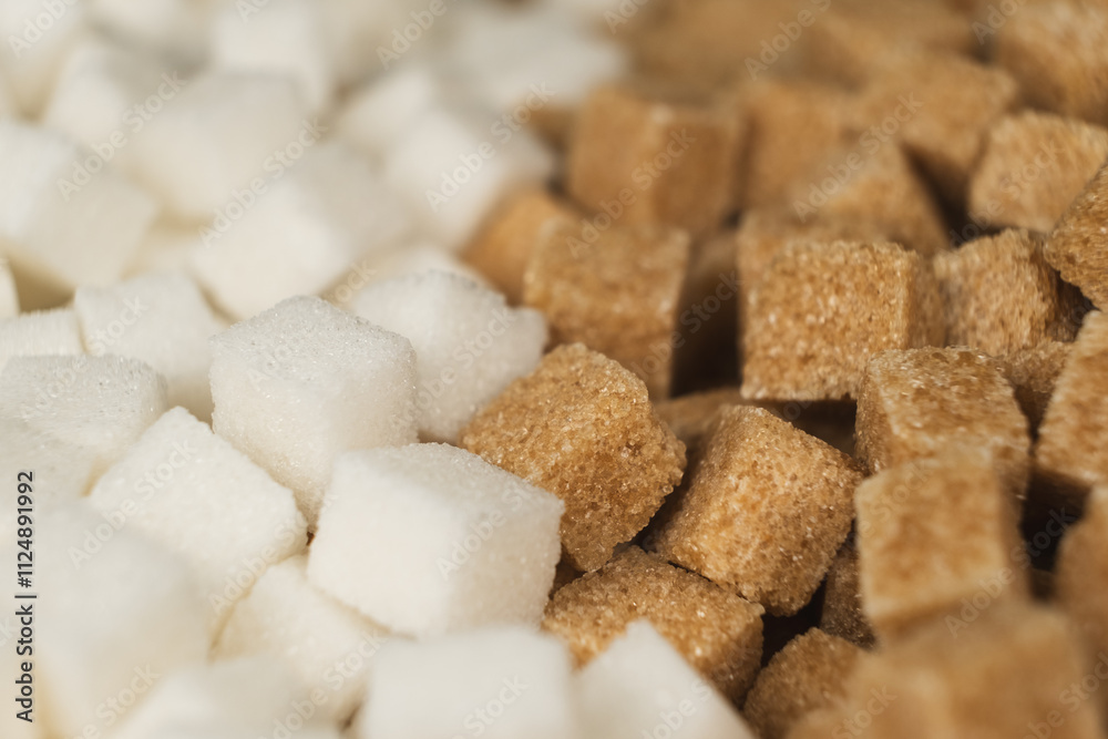 Cubes of unrefined brown demerara sugar and white refined beet sugar. Cubes of unrefined brown demerara sugar and white refined beet sugar.