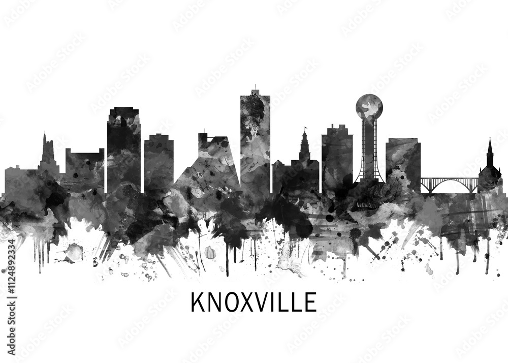Knoxville Tennessee Skyline BW, cityscape landscape watercolor painting print abstract splash illustration art modern urban poster artwork landmarks skyscrapers