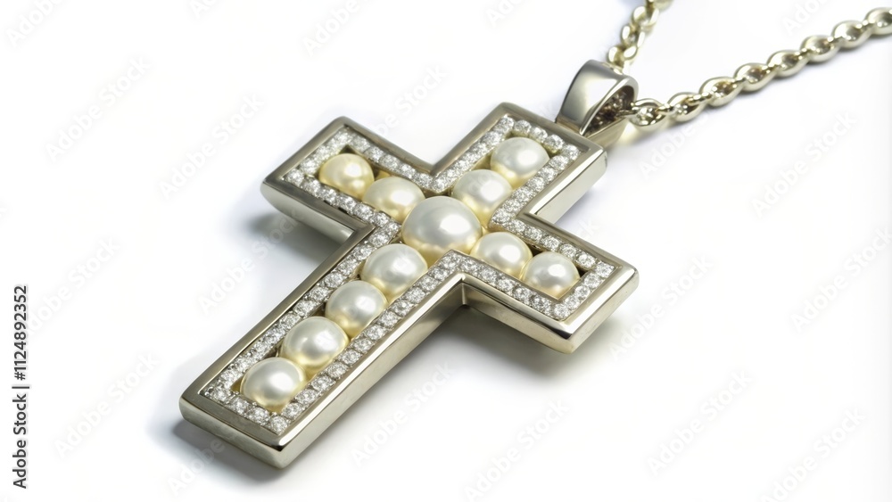 Silver Cross Pendant with Pearl and Diamond Accents