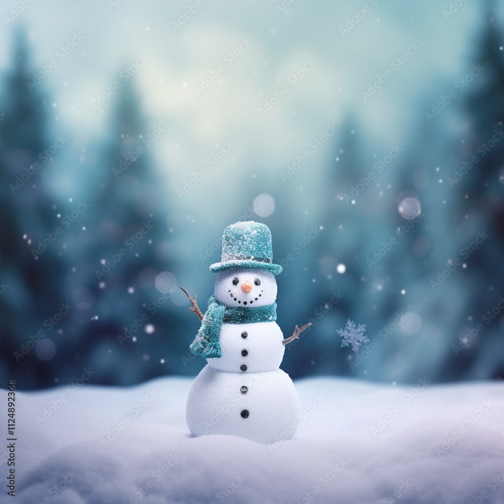 Fototapeta premium Cute little snowman with cozy winter background