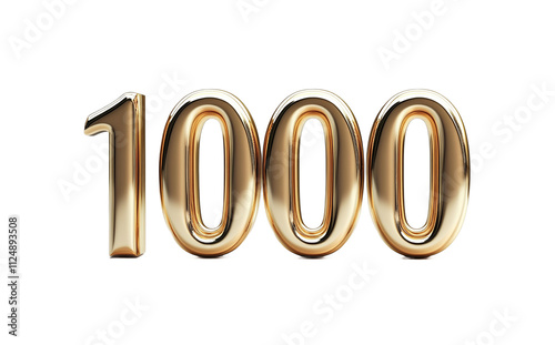 3D golden number 1000 with a polished metallic finish and reflective surface, isolated on a transparent background
