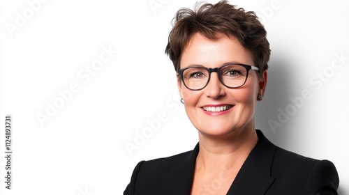 Professional woman with glasses smiling against a white background