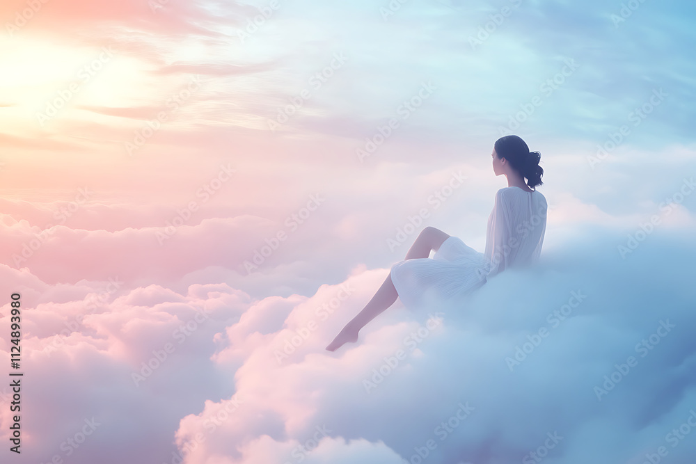 A serene figure sits on clouds, gazing at a colorful sunset, evoking tranquility and dreams. A serene figure sits on clouds, gazing at a colorful sunset, evoking tranquility and dreams.
