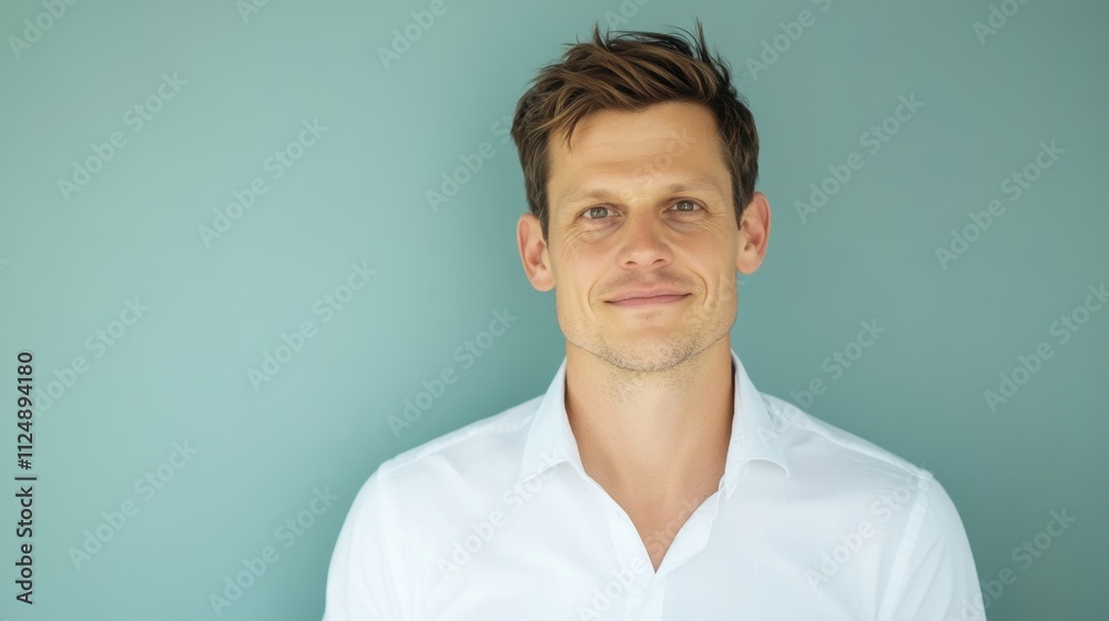 Confident Young Man Smiling Against Simple Blue Background Portrait Confident Young Man Smiling Against Simple Blue Background Portrait