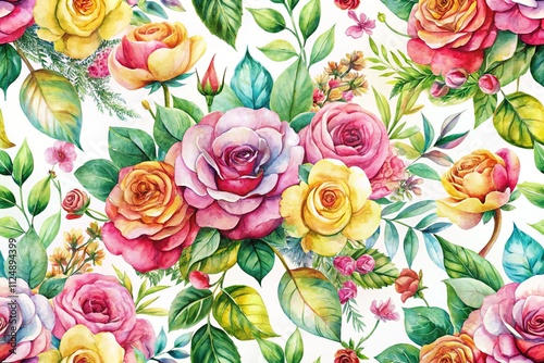 Watercolor Roses Seamless Pattern Spring Flowers Fabric Design