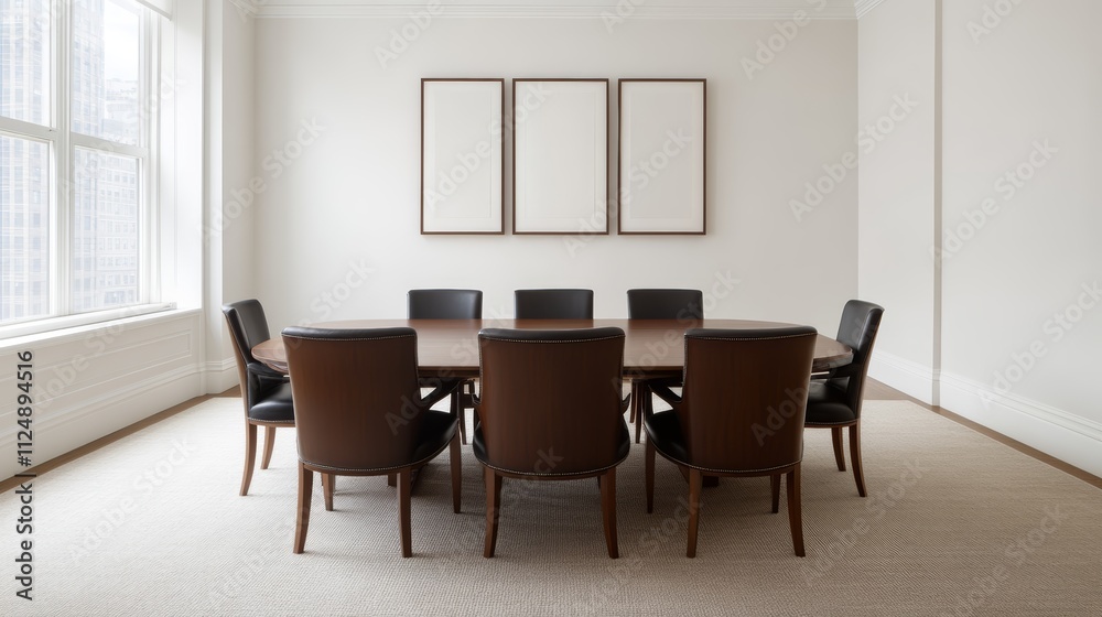 Fototapeta premium Stylish dining room, round table and comfortable chairs for intimate gatherings family meals