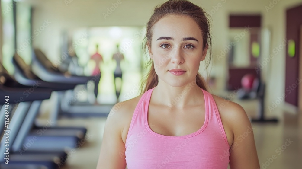 Focused Young Woman in Pink Workout Top at Gym with Fitness Equipment Focused Young Woman in Pink Workout Top at Gym with Fitness Equipment