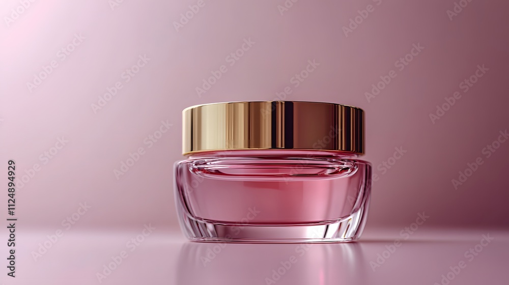 Premium skincare product features luxury pink glass jar with gold lid, photographed on white background with reflective surfaces and minimalist composition. Premium skincare product features luxury pink glass jar with gold lid, photographed on white background with reflective surfaces and minimalist composition.