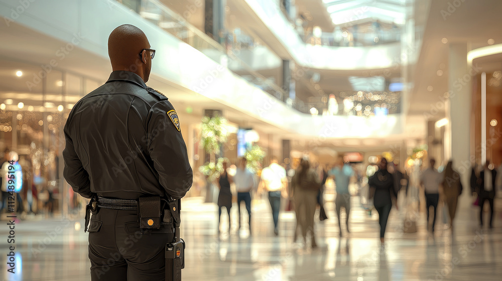 African adult man security guard observing busy shopping mall interior with blurred crowd