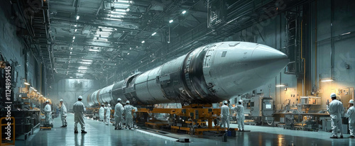 Obraz na płótnie Engineers assemble rocket in industrial hanger with advanced aerospace technology and machinery w salonie