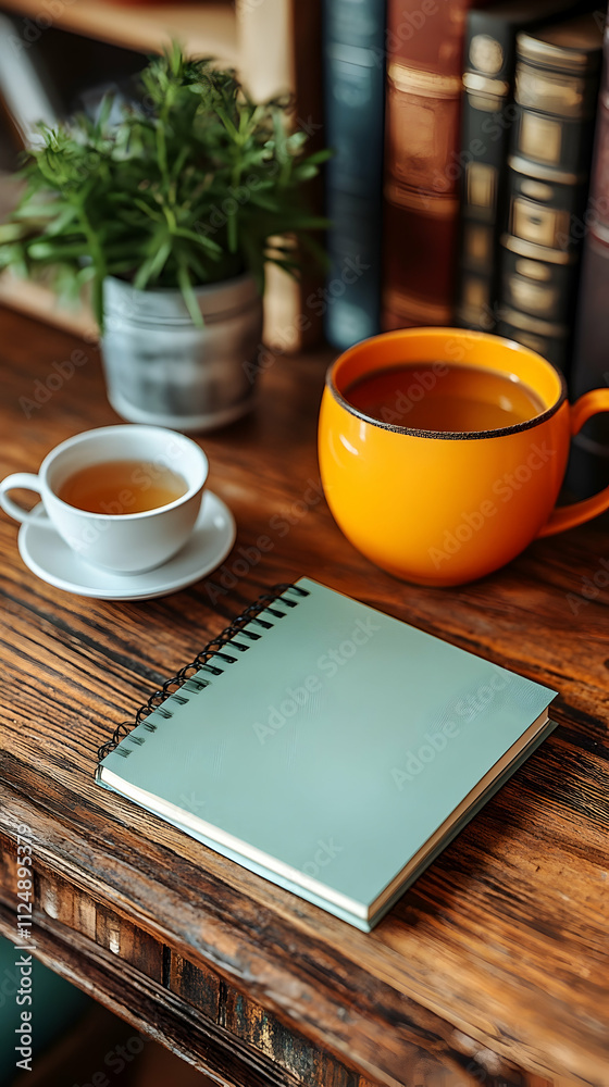 Cozy workspace with tea, notebook, and books. Cozy workspace with tea, notebook, and books.