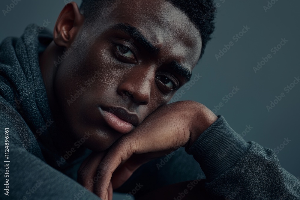 An African American athlete with hands on knees, gazing at the photographer. An African American athlete with hands on knees, gazing at the photographer.