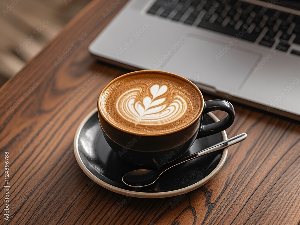 Close-up of Hot coffee latte with latte art milk foam in cup mug and laptop computer on wood desk office desk in coffee shop at the cafe,during business work concept