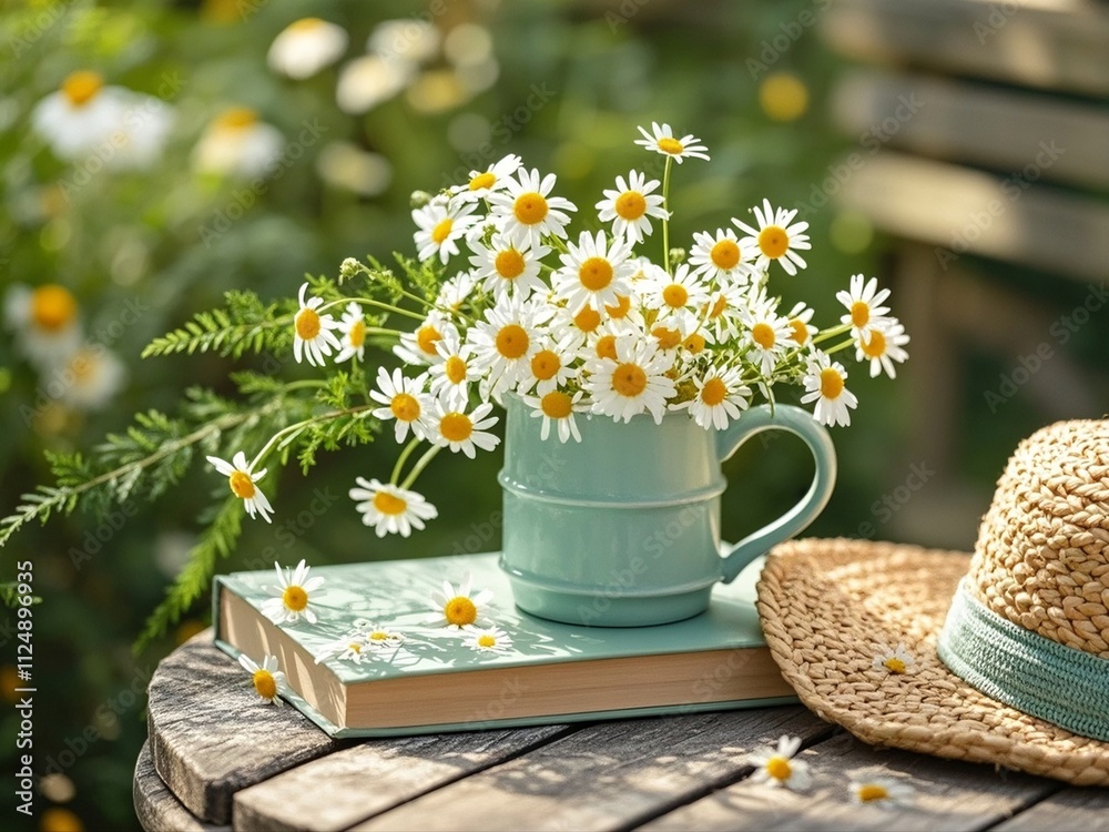 summer nature background. chamomile flowers in white mug, book, braided hat on table in garden. summer season. rustic composition with flowers. relax time.