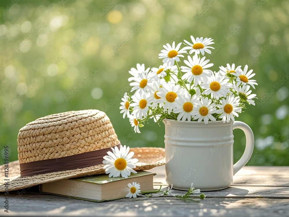summer nature background. chamomile flowers in white mug, book, braided hat on table in garden. summer season. rustic composition with flowers. relax time.