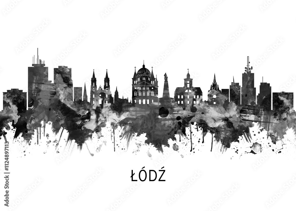 Fototapeta premium Lodz Poland Skyline BW, cityscape landscape watercolor painting print abstract splash illustration art modern urban poster artwork landmarks skyscrapers