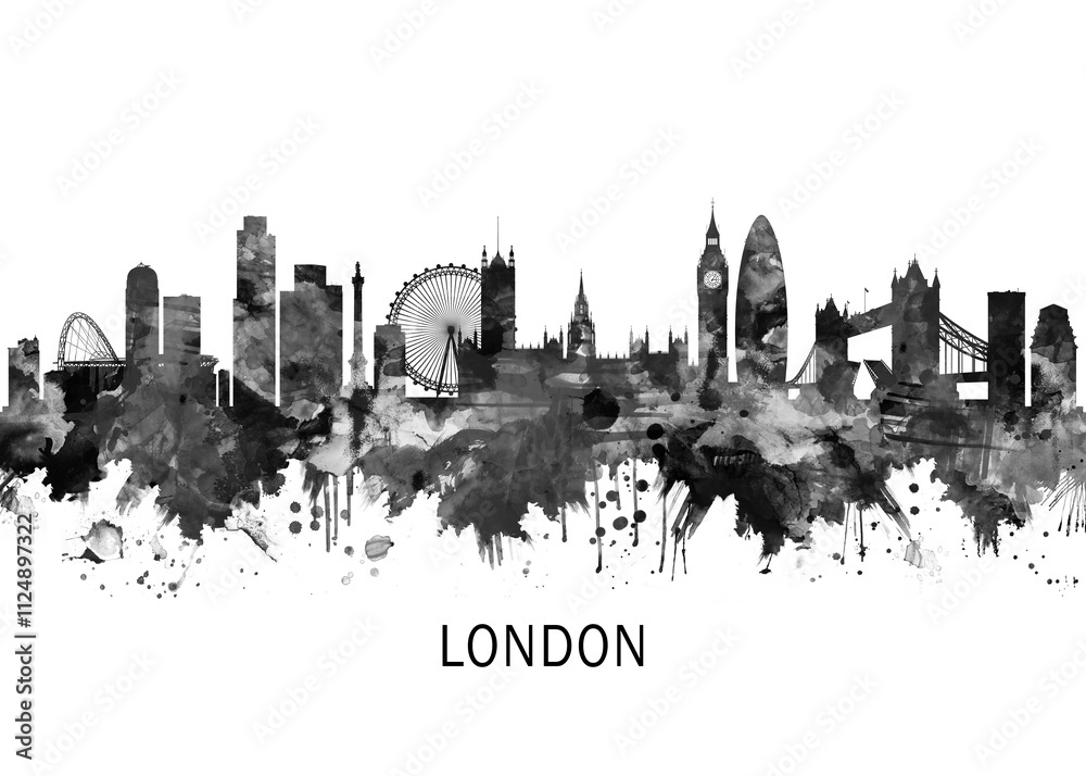 London England Skyline BW, cityscape landscape watercolor painting print abstract splash illustration art modern urban poster artwork landmarks skyscrapers