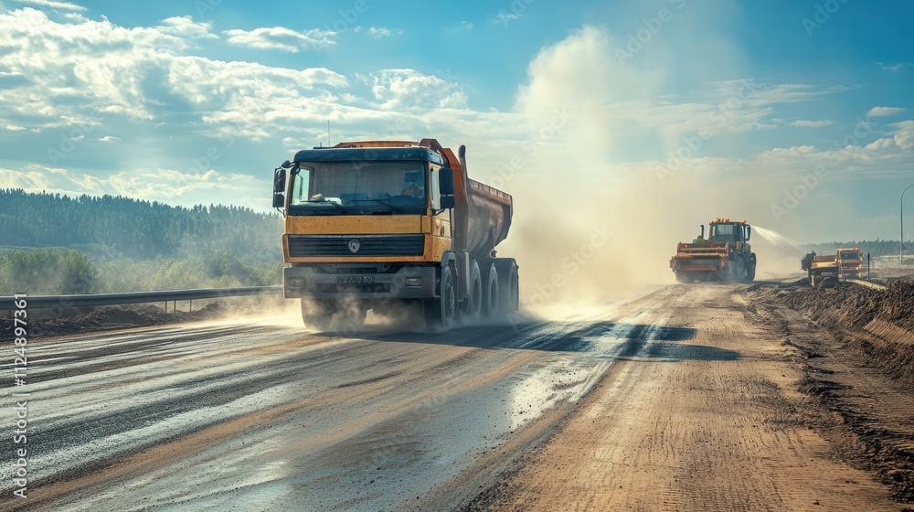Scorching midday heat on a motorway construction site, asphalt steaming, water truck spraying to control dust Scorching midday heat on a motorway construction site, asphalt steaming, water truck spraying to control dust