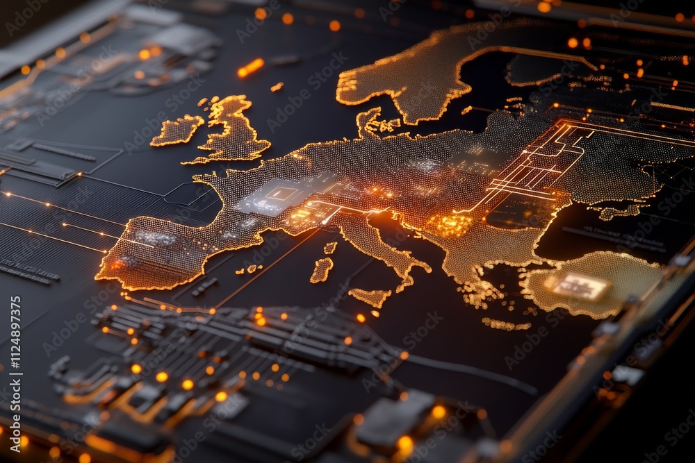 Digital map of Europe showcasing connections and technological elements in a futuristic design Digital map of Europe showcasing connections and technological elements in a futuristic design