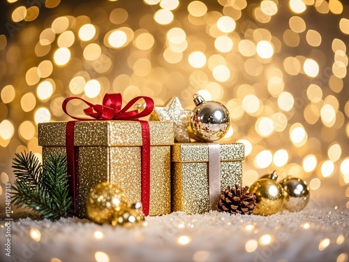 Christmas gift box against golden lights and bokeh background. Holiday greeting card.