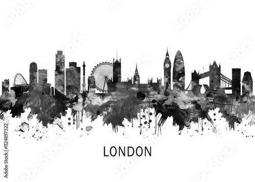 Obraz na płótnie London England Skyline BW, cityscape landscape watercolor painting print abstract splash illustration art modern urban poster artwork landmarks skyscrapers w salonie