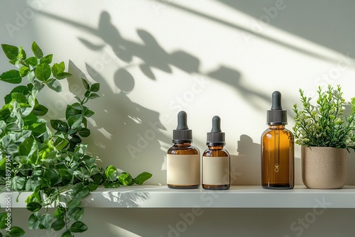 Natural Skincare Products on Shelf with Greenery and Soft Shadows in Minimalist Setting