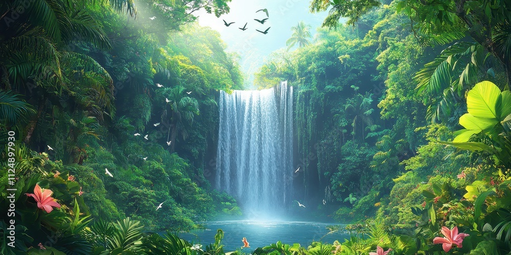 Tropical Waterfall Landscape, Lush Greenery and Exotic Flora, Under Sunlit Canopy, for Travel Advertisements, Nature Conservation, Eco-Tourism Tropical Waterfall Landscape, Lush Greenery and Exotic Flora, Under Sunlit Canopy, for Travel Advertisements, Nature Conservation, Eco-Tourism