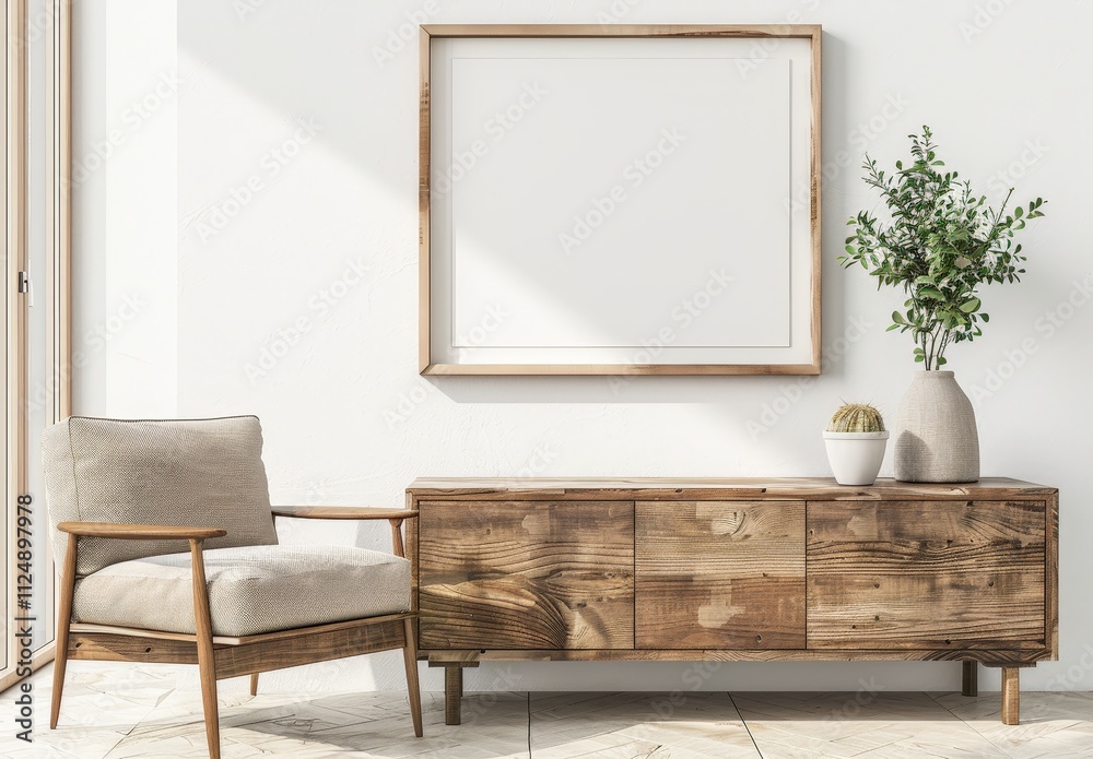A modern living room interior with a wooden cabinet. an armchair. and a blank frame on the wall A modern living room interior with a wooden cabinet. an armchair. and a blank frame on the wall