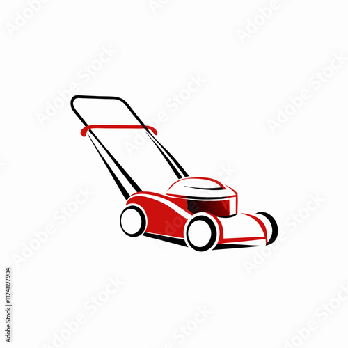 Red lawnmower icon with modern minimalist design. Clean graphic illustration perfect for branding. Concept: lawn care services, garden equipment, landscaping business