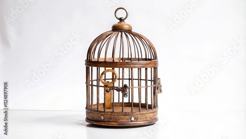 Wooden Birdcage with a Key and a White Background