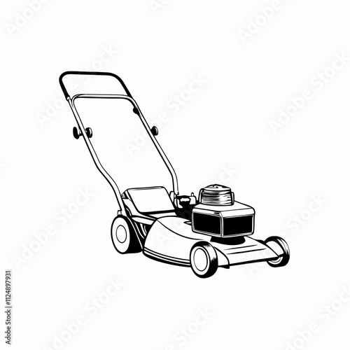 Classic lawnmower depicted in vintage line art style. Three-quarter view showing detailed mechanical features. Concept: Lawn Care, Garden Equipment, Hardware Stores