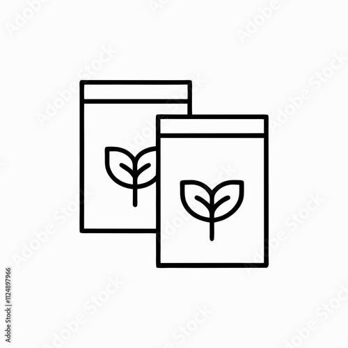 Line art icon of two seed packets with sprouting leaf symbol, minimalist vector for gardening apps, organic branding or eco farming visuals. Concept: agricultural UI kits, eco product identity, seed m