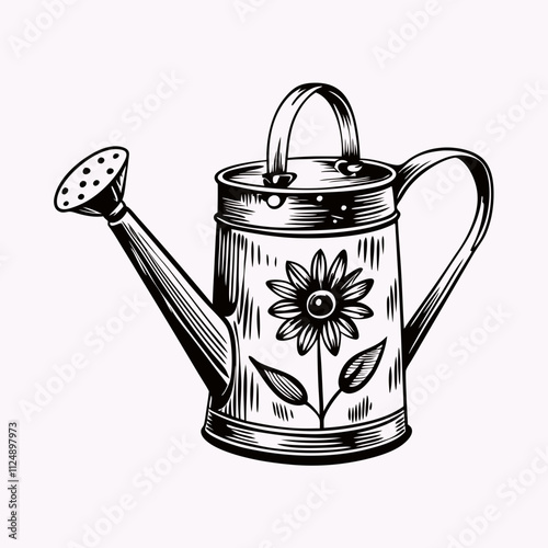Vintage watering can with ornate floral details in black and white etching style. Elegant garden tool illustration. Concept: Garden Decor, Antique Shops, Vintage Collectibles