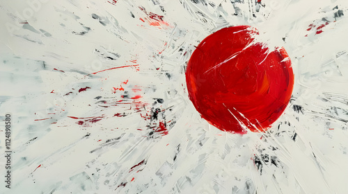Abstract red circle amidst white and gray explosive brushstrokes.