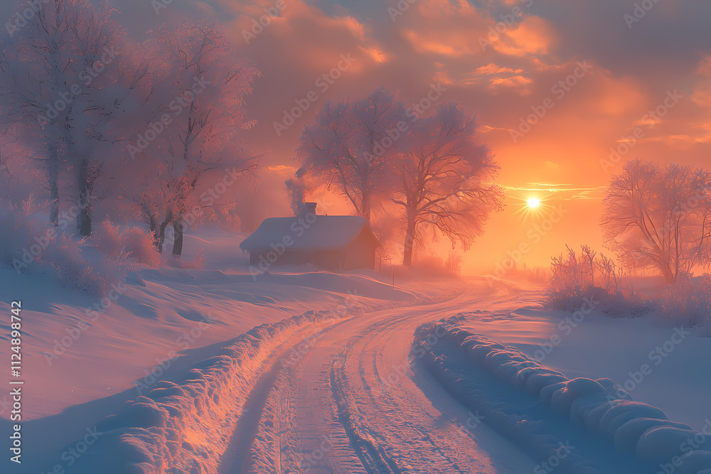 There is a beautiful sunrise surrounded by white trees and a pastel sky. Perfect for winter travel photography, the scene is peaceful and serene. There is a beautiful sunrise surrounded by white trees and a pastel sky. Perfect for winter travel photography, the scene is peaceful and serene.