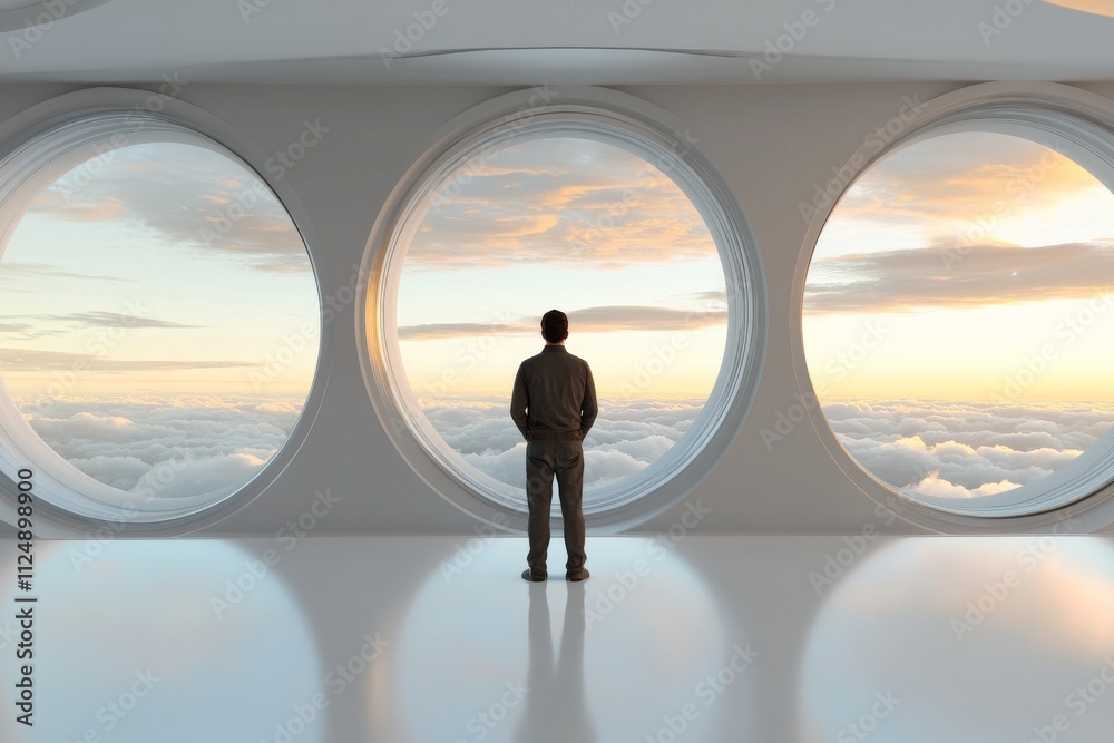 Man observes clouds at sunrise through large circular windows in a modern architectural space Man observes clouds at sunrise through large circular windows in a modern architectural space