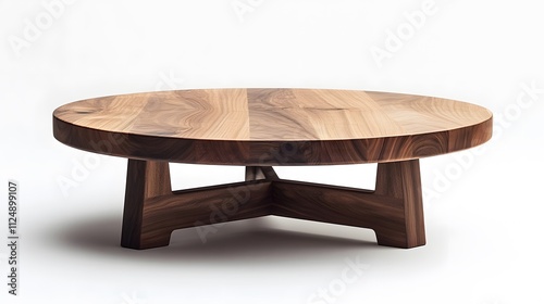 Handcrafted walnut wood round coffee table showcases natural grain texture and solid construction with cross-leg base in minimalist furniture design.