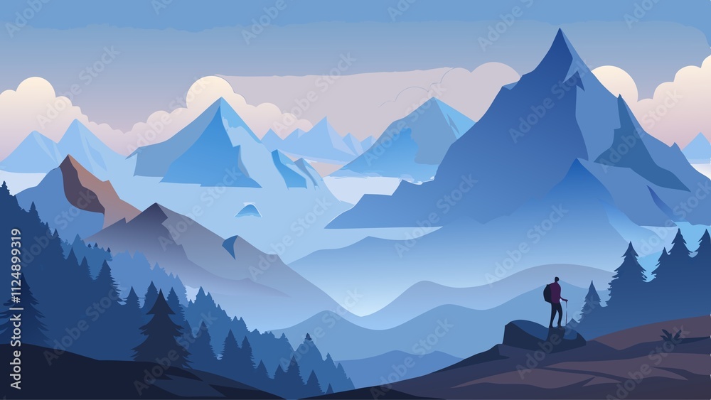 A man is standing on a mountain top, looking out over a vast, snowy landscape A man is standing on a mountain top, looking out over a vast, snowy landscape