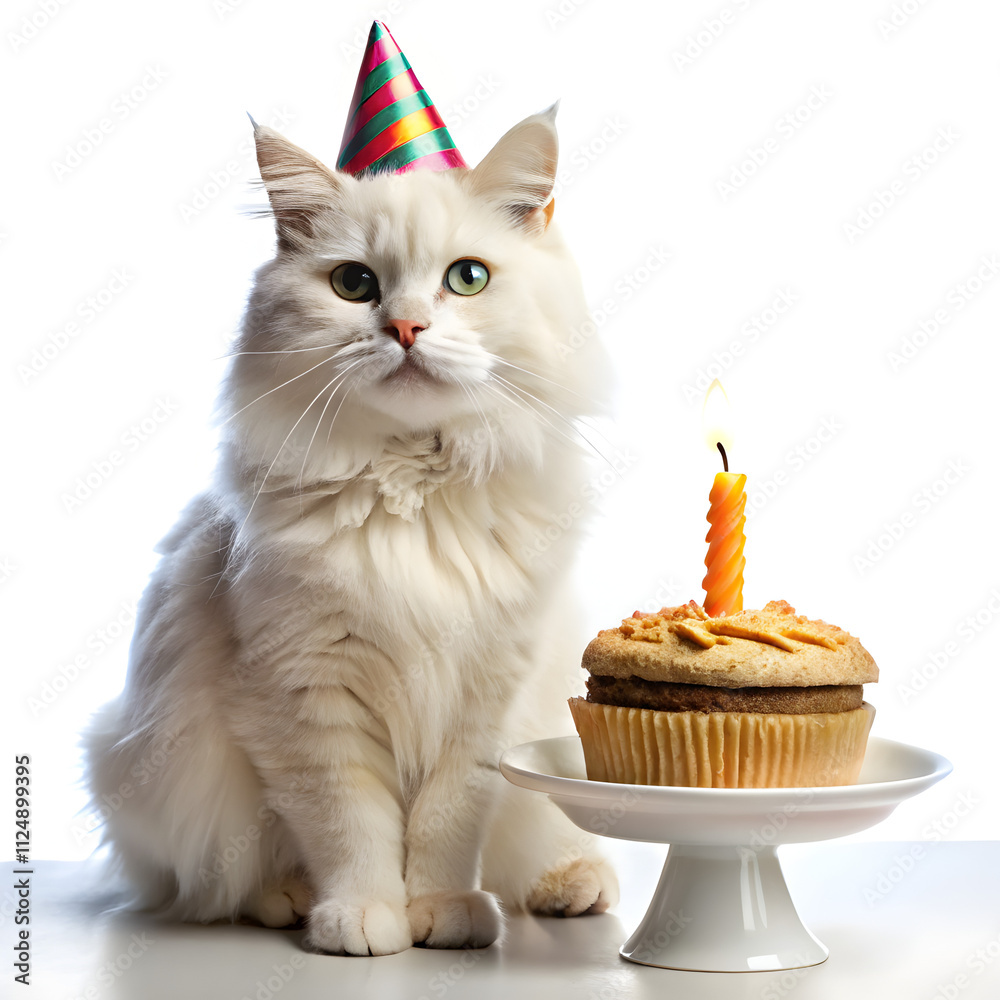 white fluffy cat with birthday cake white fluffy cat with birthday cake