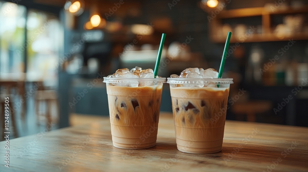 Two Iced Coffees in Casual Cafe Setting Two Iced Coffees in Casual Cafe Setting
