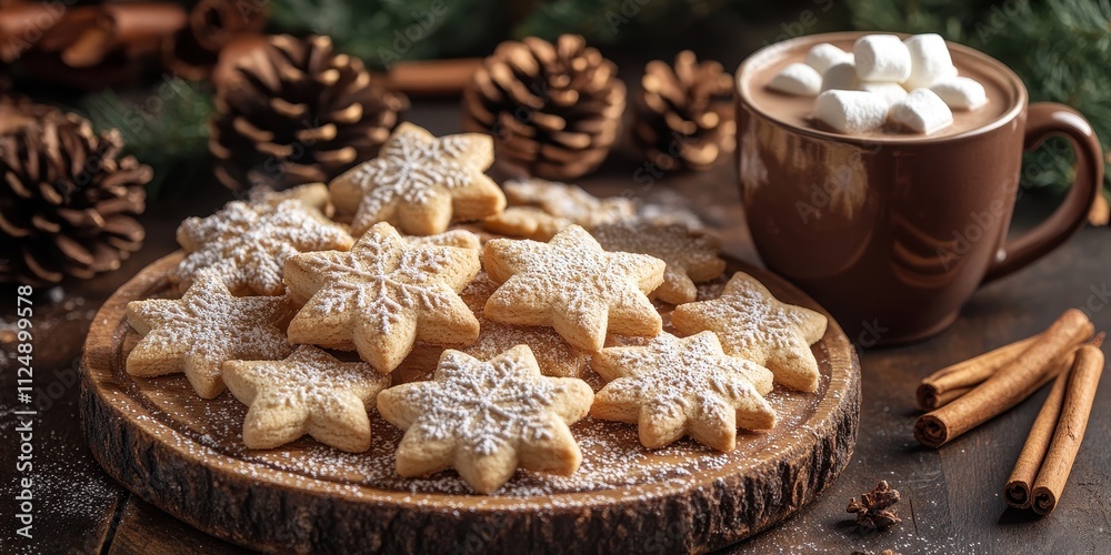Holiday Food Display with Hot Beverage, Depicting Cookies, Pastries, and Christmas Decorations for Stock Photography Holiday Food Display with Hot Beverage, Depicting Cookies, Pastries, and Christmas Decorations for Stock Photography